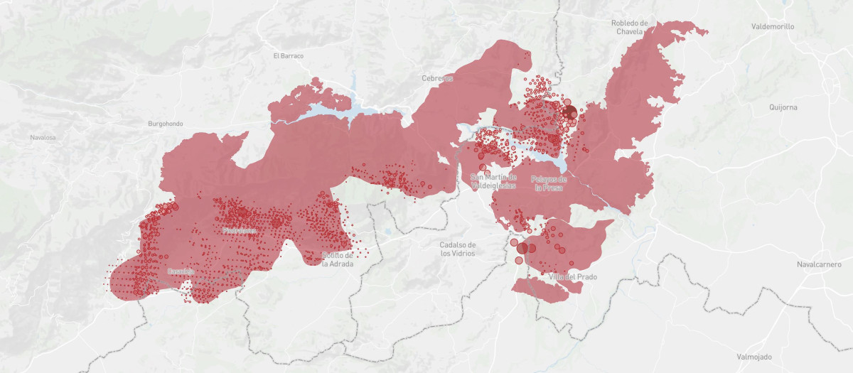 Mapa de los incendios en Ávila y Madrid (situación a las 20:00 h. del 27 de julio)