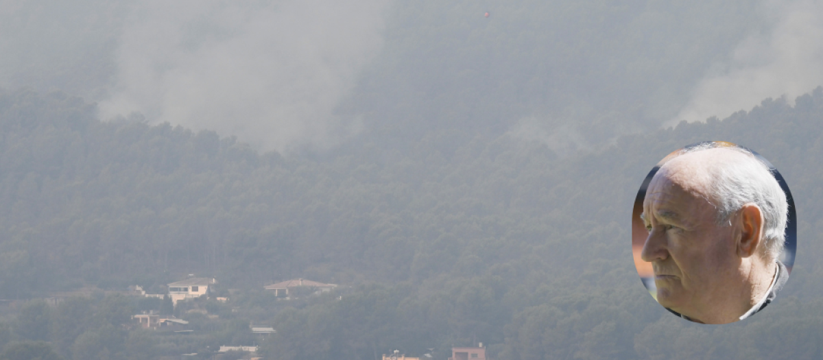 Imagen del incendio en la localidad de Onda (Castellón) y el rosto de Enrique Saura.