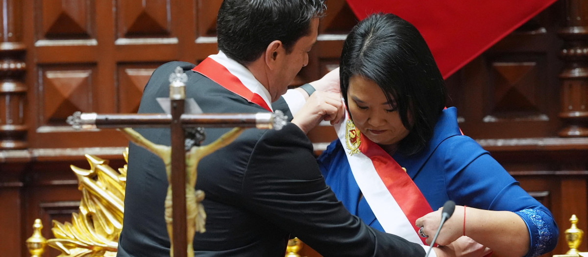 Keiko Fujimori, durante la ceremonia de investidura en la que asumió la Presidencia de Perú