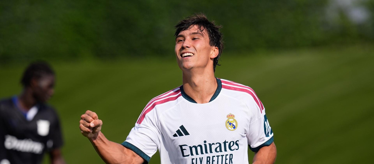 Gonzalo Garcia of Real Madrid CF celebrates after scoring his team's second goal during the Real Madrid training session held in collaboration with CD Leganes at Alfredo Di Stefano stadium on July 28, 2026, in Valdebebas, Madrid, Spain.

Dennis Agyeman / AFP7 / Europa Press
28/7/2026 ONLY FOR USE IN SPAIN