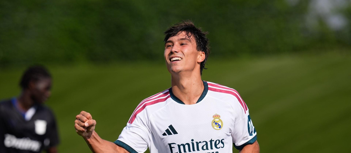 Gonzalo Garcia of Real Madrid CF celebrates after scoring his team's second goal during the Real Madrid training session held in collaboration with CD Leganes at Alfredo Di Stefano stadium on July 28, 2026, in Valdebebas, Madrid, Spain.

Dennis Agyeman / AFP7 / Europa Press
28/7/2026 ONLY FOR USE IN SPAIN