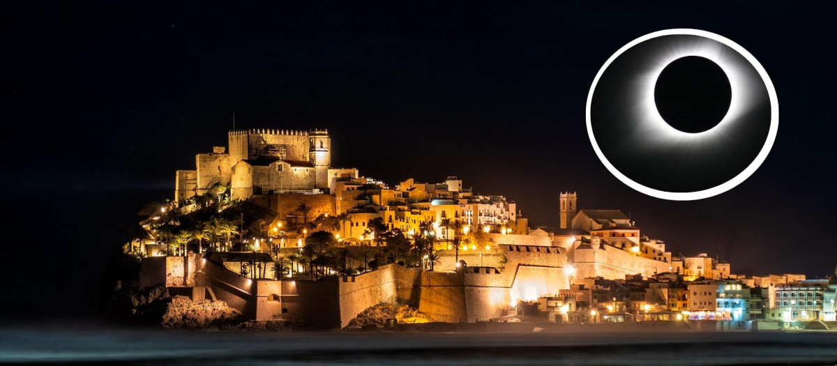 Montaje del castillo de Peñíscola iluminado y una imagen de archivo de un eclipse solar de la NASA