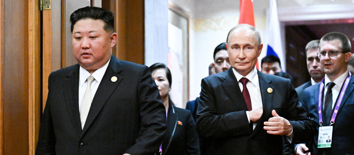 CHINA, BEIJING - SEPTEMBER 3, 2025: Russian President Vladimir Putin (R) and North Korea's leader Kim Jong Un hold a meeting at the Diaoyutai State Guest House.  Sergei Bobylev/POOL/TASS