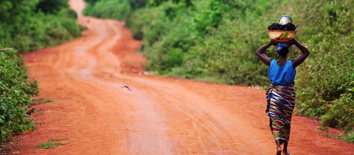 Una mujer con su carga por los polvorientos e inseguros caminos de Nigeria