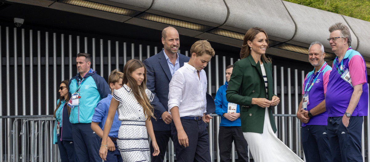The Princess of Wales, known as the Duchess of Rothesay when in Scotland, Prince George and Princess Charlotte, followed by Prince Louis and the Prince of Wales leaving the Hydro Arena after attending the Glasgow 2026 Commonwealth Games. Picture date: Saturday August 1, 2026. *** Local Caption *** .