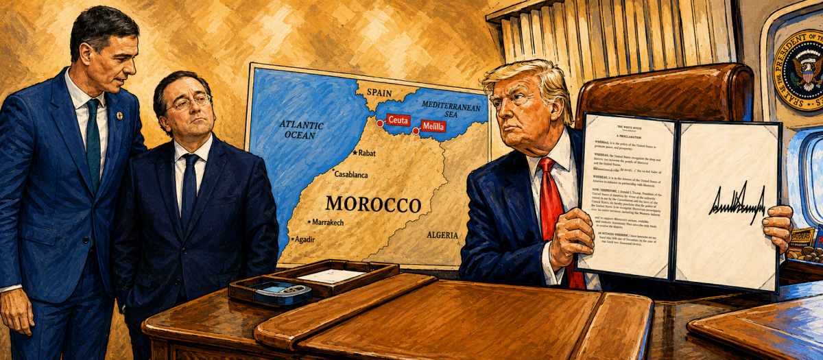 Pedro Sánchez, José Manuel Albares y Donald Trump