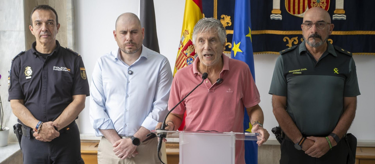 Fernando Grande-Marlaska compareciendo ante los medios en la sede de la Delegación del Gobierno