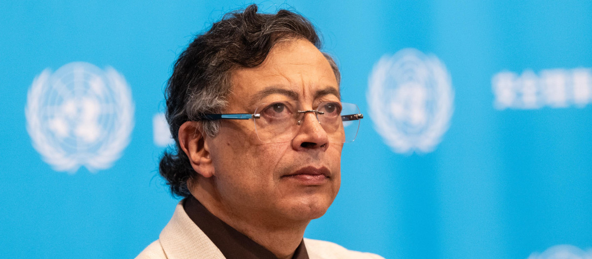 Gustavo Petro Urrego, President of the Republic of Colombia, speaks to the press after a Security Council meeting on Advancing political solutions in the Middle East: mediation and dialogue for a lasting peace at UN Headquarters.