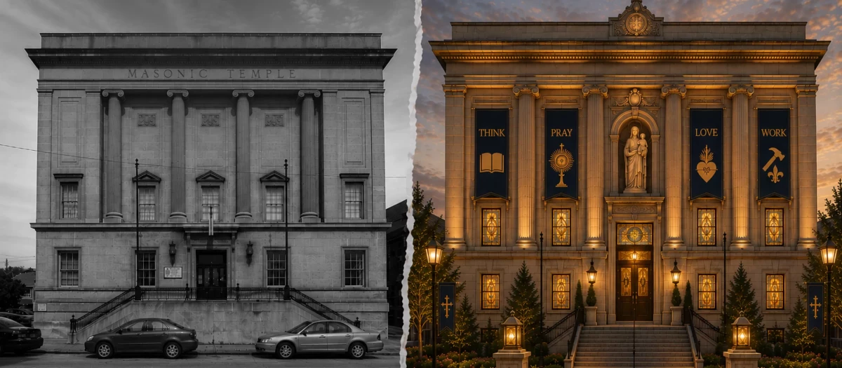 A la izquierda, imagen del templo masónico; a la derecha, el proyecto de renovación del edificio.