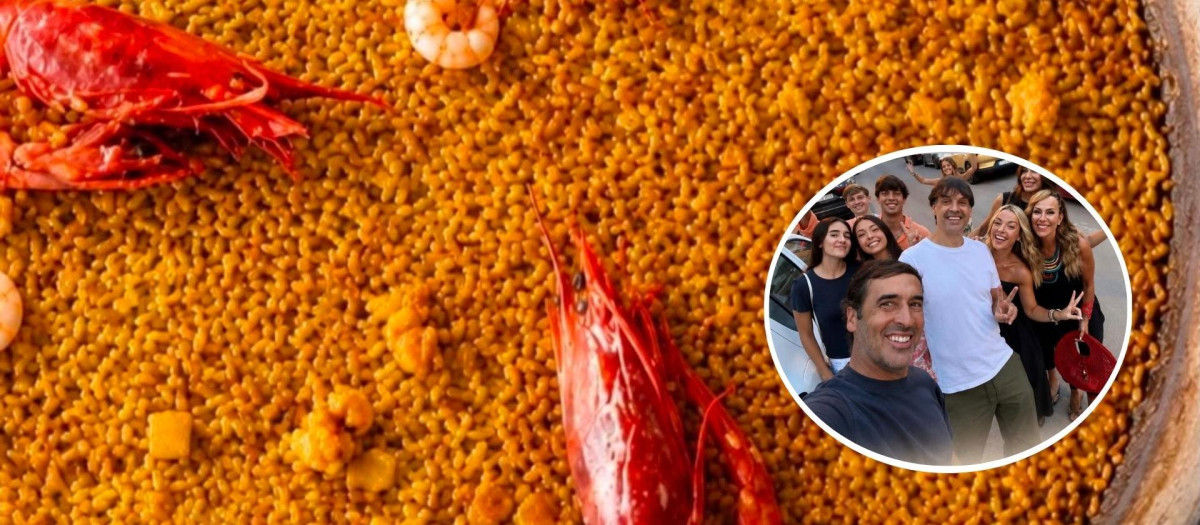Montaje de uno de los arroces de El Gordo y El Flaco y los futbolistas y sus familias en el restaurante