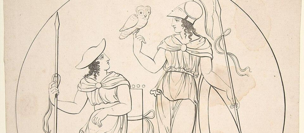 Representación clásica de Hermes y Atenea