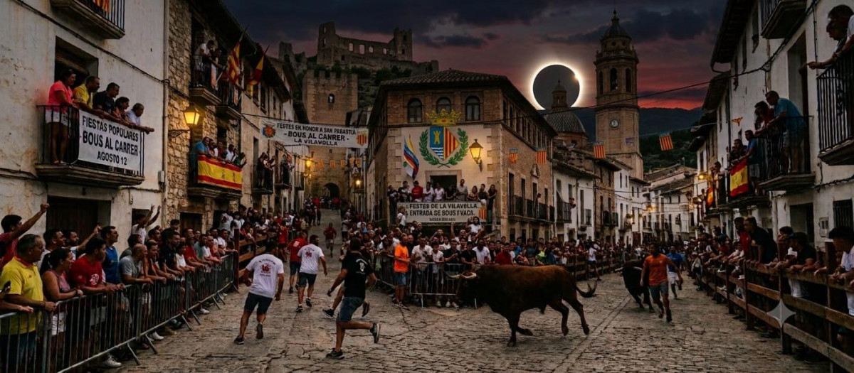 Imagen creada por IA para ilustrar los bous al carrer suspendidos por el eclipse