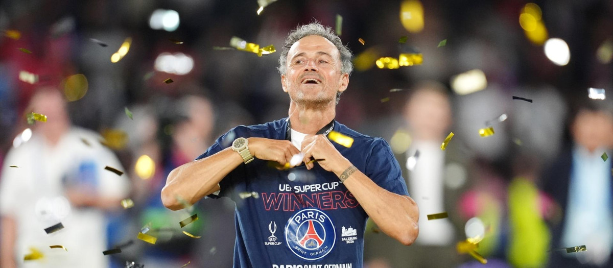 12 August 2026, Austria, Salzburg: Paris Saint-Germain manager Luis Enrique celebrates after the UEFA Super Cup final soccer match between Aston Villa and Paris Saint-Germain at Stadion Salzburg. Photo: Adam Davy/PA Wire/dpa

12/8/2026 ONLY FOR USE IN SPAIN