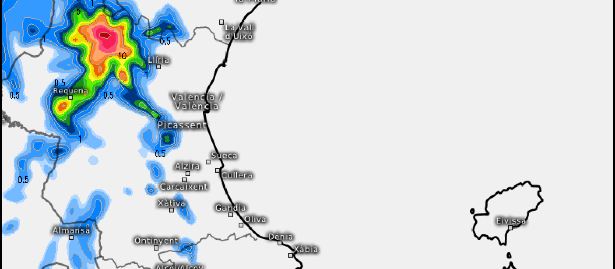 Mapa con la previsión de lluvias de AROME durante la tarde del viernes 14 de agosto en Valencia.