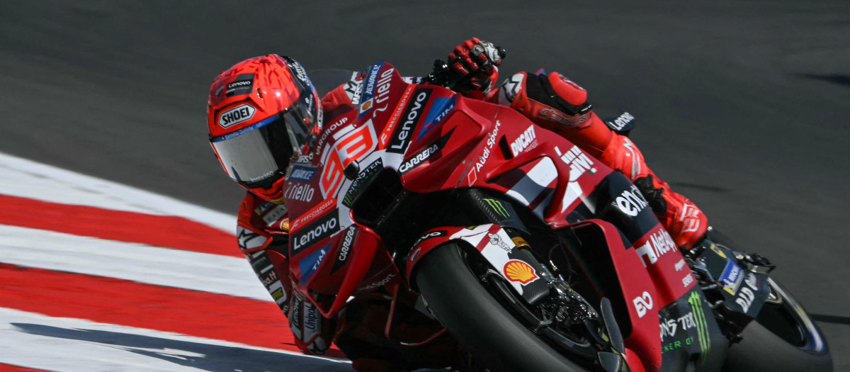 Ducati Lenovo Team's Spanish rider Marc Marquez takes part in the MotoGP British Grand Prix at Silverstone circuit, central England on August 9, 2026. (Photo by Glyn KIRK / AFP)