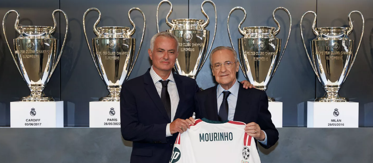 El Real Madrid presenta a José Mourinho, que posa con Florentino Pérez y las Champions del equipo merengue