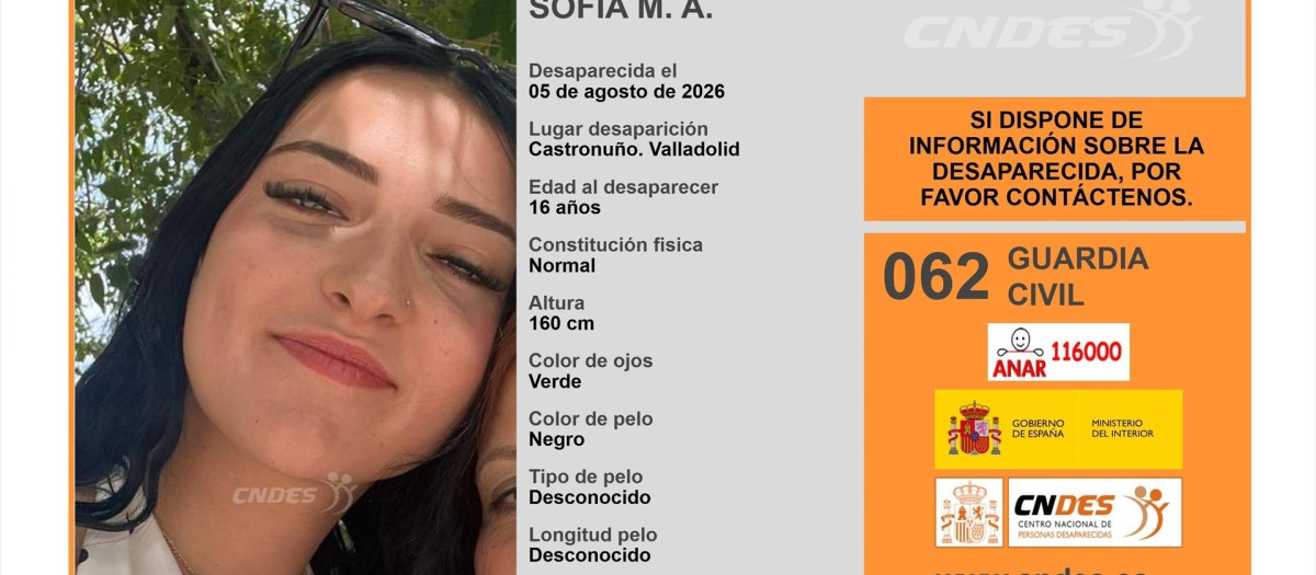 Buscan a una menor de 16 años desaparecida desde el 5 de agosto en Castronuño (Valladolid)