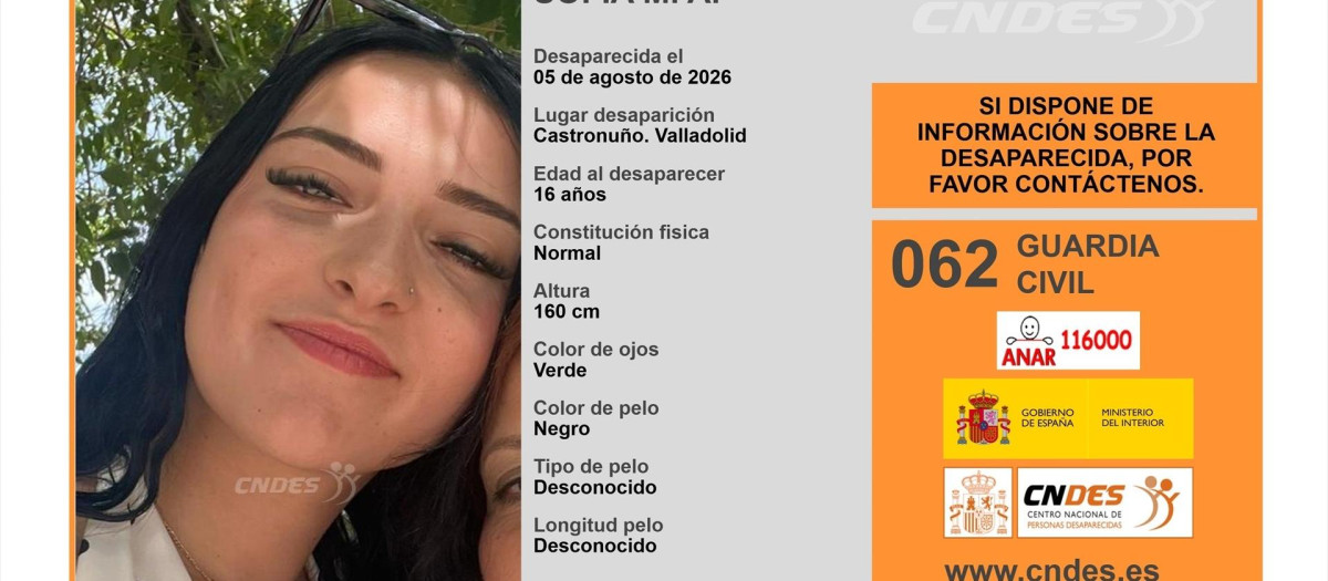Buscan a una menor de 16 años desaparecida desde el 5 de agosto en Castronuño (Valladolid)