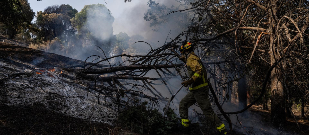 Un bombero trabaja en las tareas de extinción del incendio forestal en la Sierra Oeste de Madrid