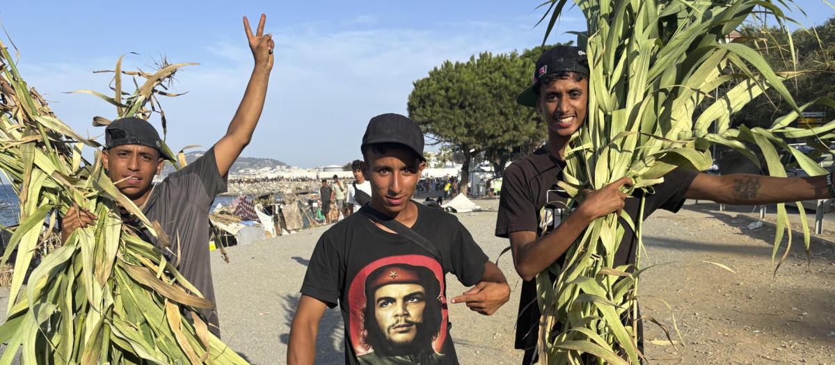 nmigrantes de Marruecos con ramas para construirse una choza en la playa del trampolín este lunes en Ceuta