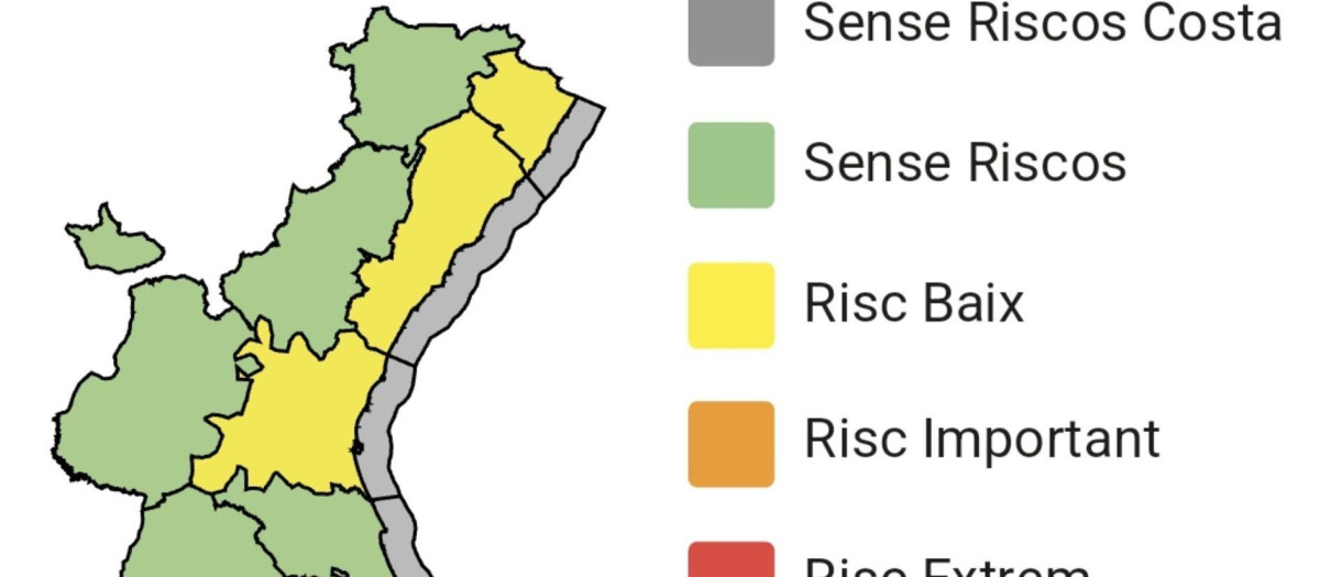 Mapa de la Comunidad Valenciana con las alertas amarillas decretadas por la Generalitat