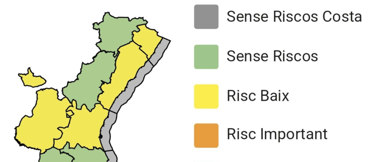 Mapa de la Comunidad Valenciana con las alertas por lluvias y tormentas para este domingo 23 de agosto de 2026