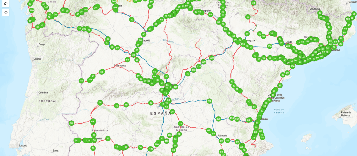 Mapa de restricciones de velocidad en las vías españolas