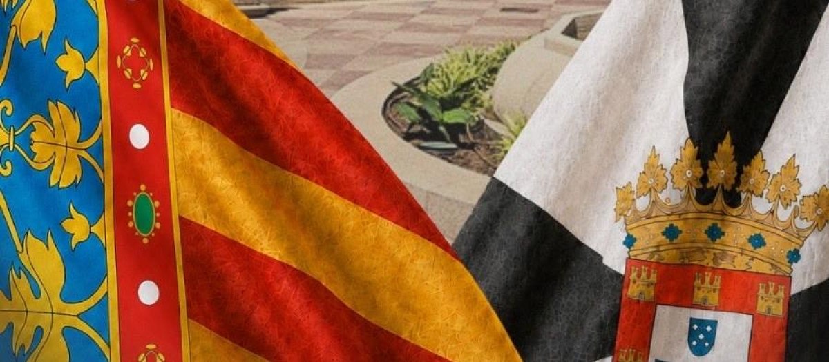 Imagen de la Señera valenciana y la bandera de Ceuta frente al Palacio de la Asamblea de la ciudad autónoma