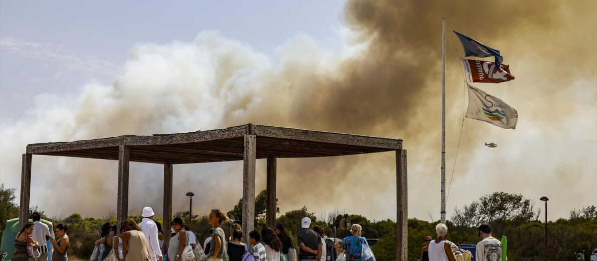 Imagen tomada este jueves de Varias personas desalojan la playa durante un incendio forestal en El Saler, junto a la Albufera de Valencia