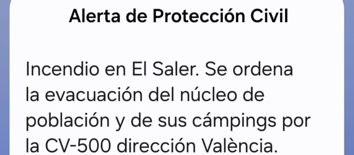 Es-Alert enviado por la Generalitat Valenciana a los ciudadanos de El Saler (Valencia)