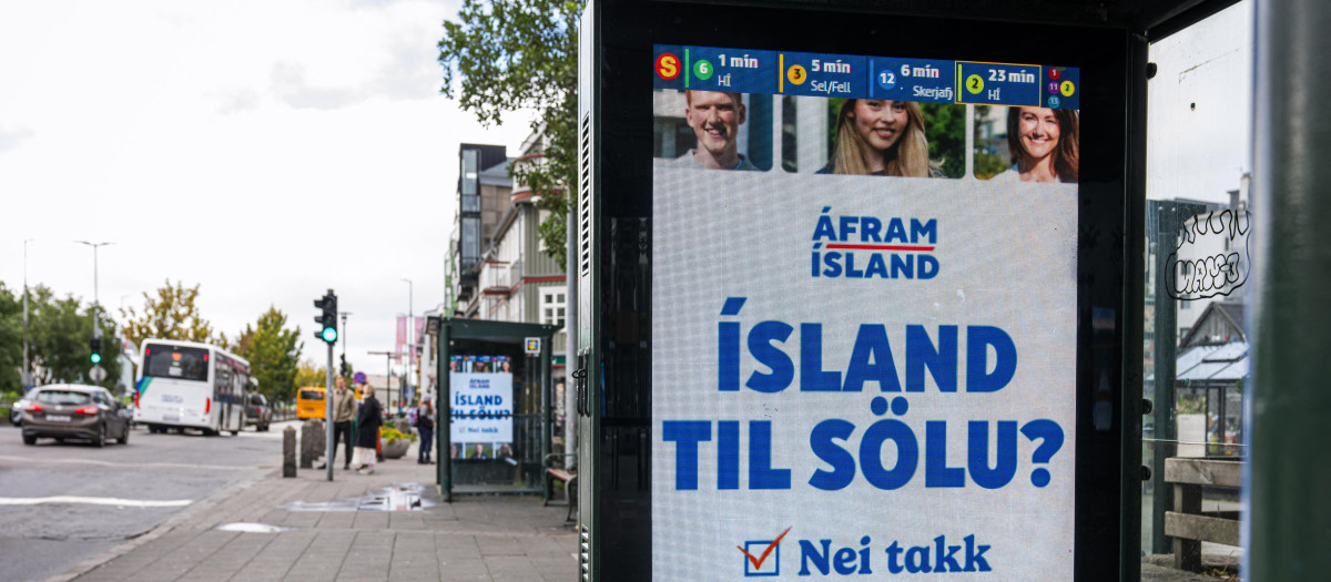 anuncio de campaña que dice "¿Islandia en venta?".