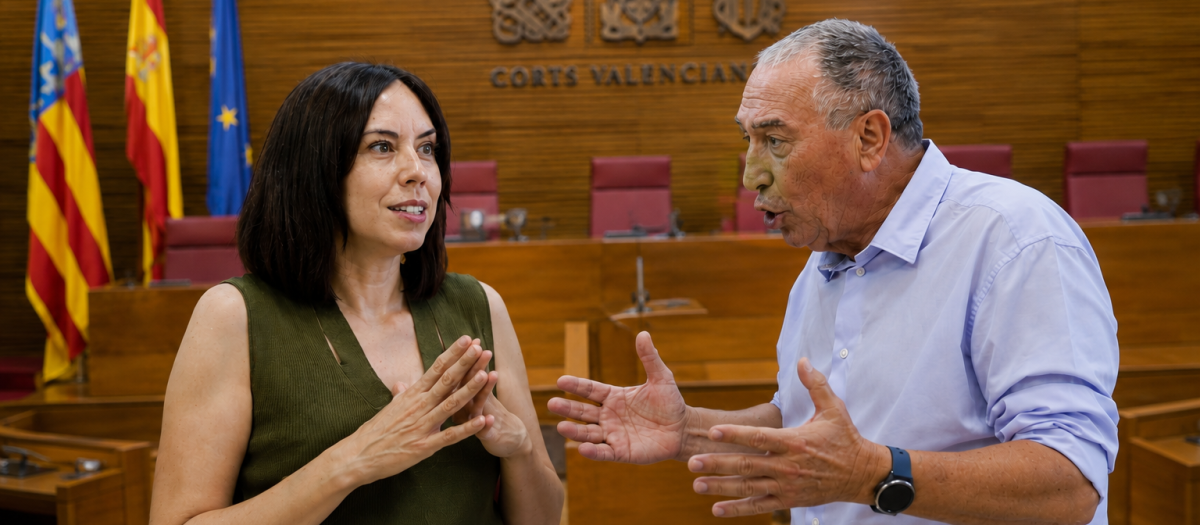 Diseño con imágenes de Diana Morant y Joan Baldoví en las Cortes Valencianas