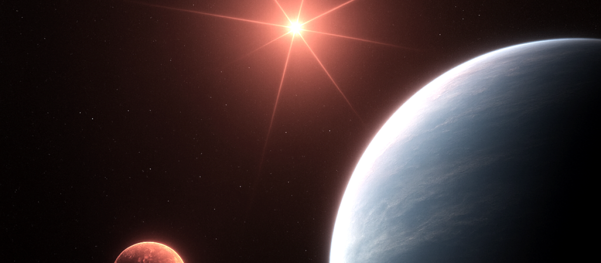 Representación artística del sistema planetario TOI-1752 y sus dos exoplanetas: el mundo de lava TOI-1752 b y el potencialmente habitable TOI-1752