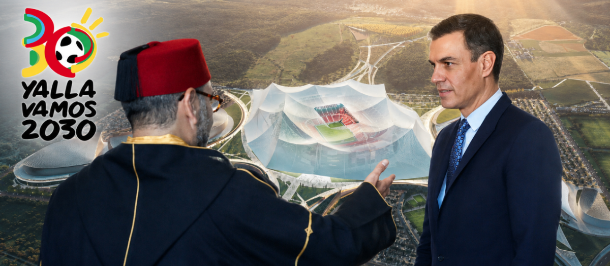 Mohamed VI y Pedro Sánchez, sobre la maqueta del estadio que Marruecos está construyendo en Casablanca