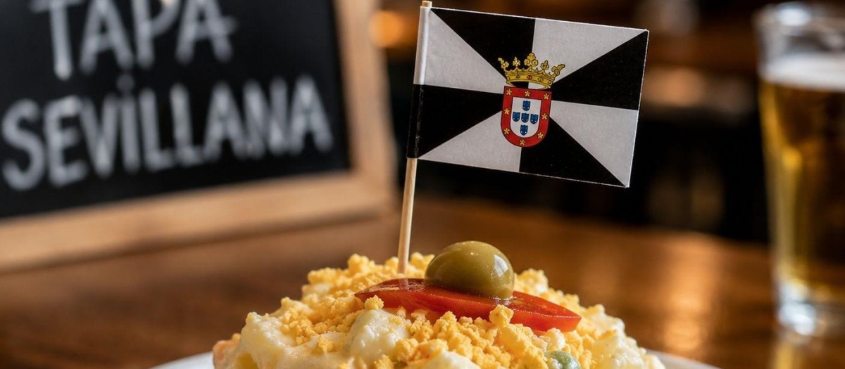Una tapa de ensaladilla rusa, con una pequeña bandera de la ciudad autónoma de Ceuta