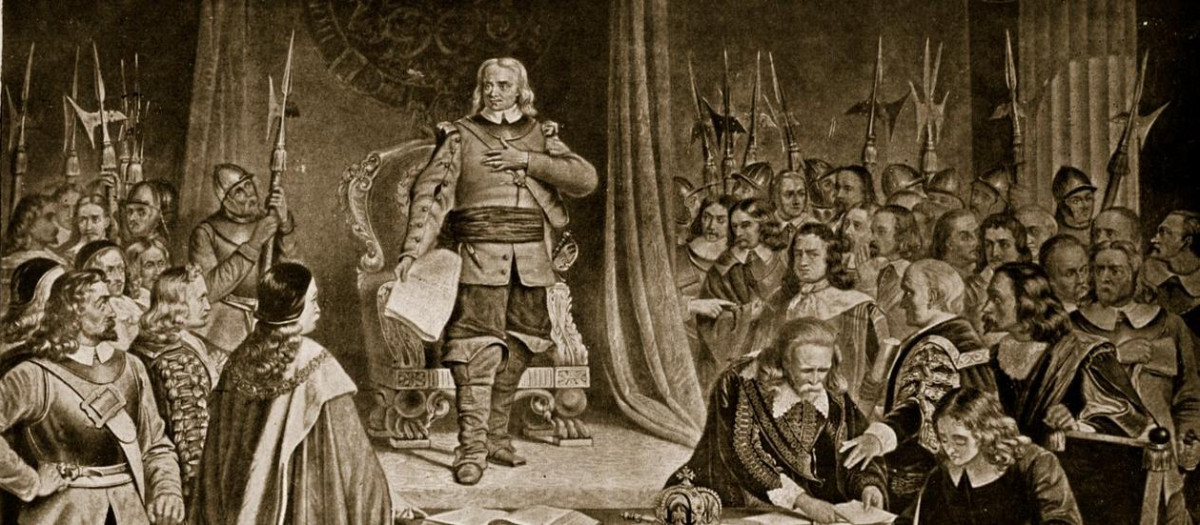 Cromwell rechazando la corona, ilustración de la Historia de la Nación Británica de Hutchinson
