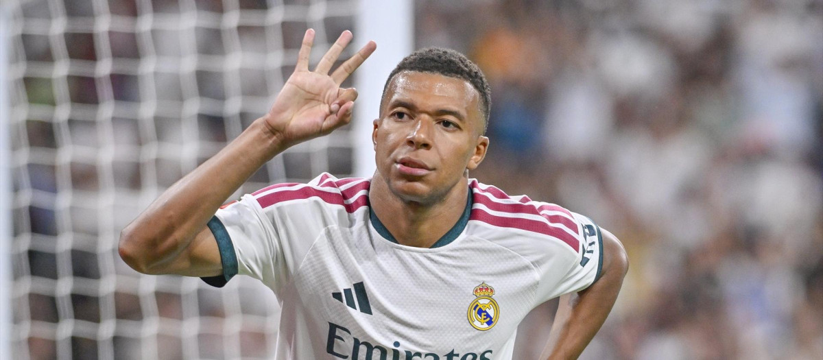 (Foto de ARCHIVO)
26 August 2026, Spain, Madrid: Real Madrid's Kylian Mbappe celebrates scoring his side's fourth goal during the Spanish Primera Division soccer match between Real Madrid and Real Sociedad at the Santiago Bernabeu Stadium. Photo: Oscar Manuel Sanchez/ZUMA Press Wire/dpa

Oscar Manuel Sanchez/ZUMA Press / DPA
26/8/2026 ONLY FOR USE IN SPAIN