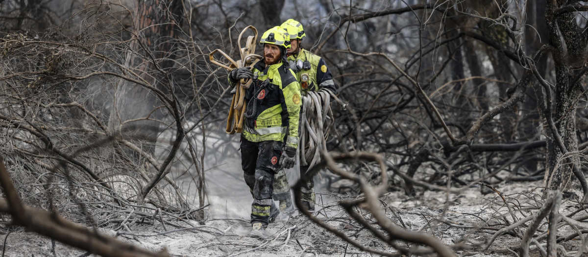 Varios bomberos realizan labores de extinción de incendios, en El Saler, Comunidad Valenciana (España)
