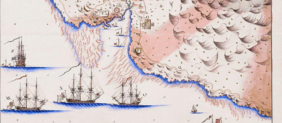 Dibujo de la expedición española de Juan Ignacio de Madariaga sobre Puerto Egmont en 1770. Realizado por Alejo Berlinguero