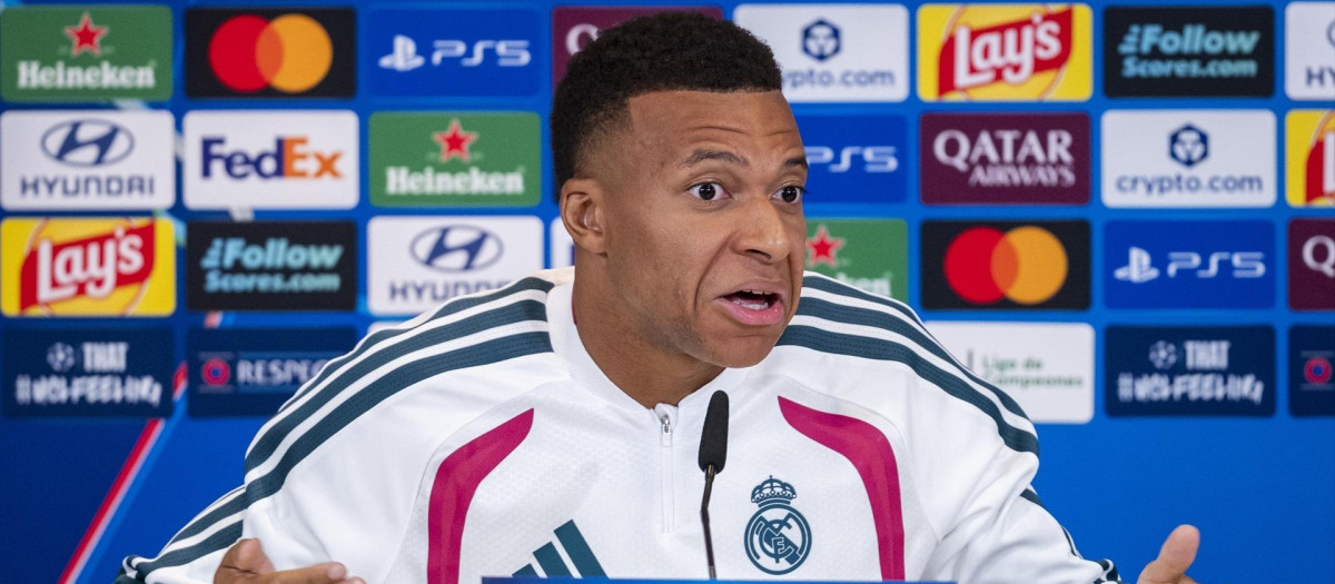 Kylian Mbappé, durante la rueda prensa previa al Real Madrid - Inter de Milán