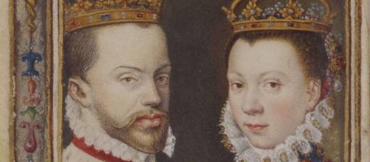 Miniatura de un libro de oraciones de Catalina de Médici, que representa a Felipe II de España y a Isabel de Valois, su tercera esposa