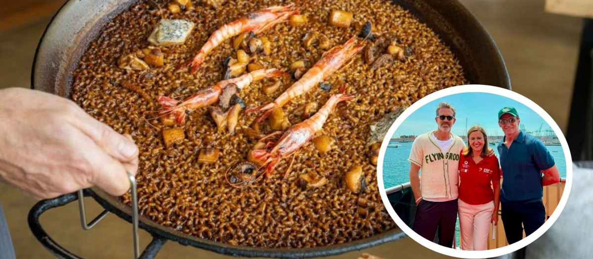Montaje con uno de los arroces del restaurante y la imagen de los actores con María José Catalá