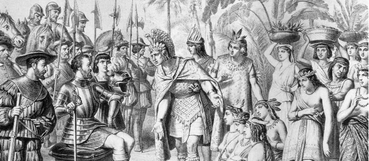 Representación idealizada de Hernán Cortés recibiendo presentes de los mayas de Tabasco en 1519, cuando Jerónimo de Aguilar ya formaba parte de su expedición como intérprete