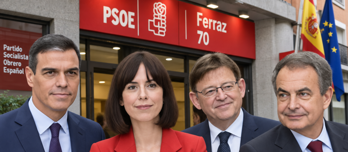 Diseño con imágenes de Pedro Sánchez, Diana Morant, Ximo Puig y José Luis Rodríguez Zapatero generado por IA