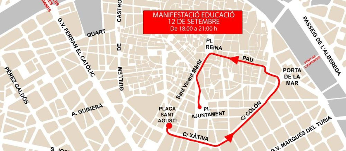 Mapa con las calles cortadas por la manifestación de profesores en Valencia este sábado 12 de septiembre