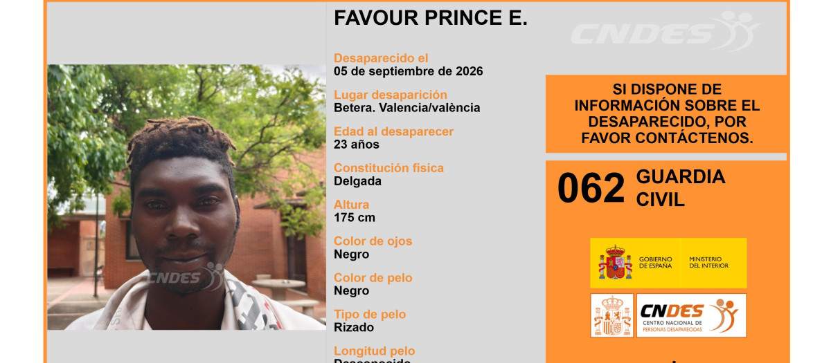 Cartel de la búsqueda del desaparecido en Valencia E. Favour Prince