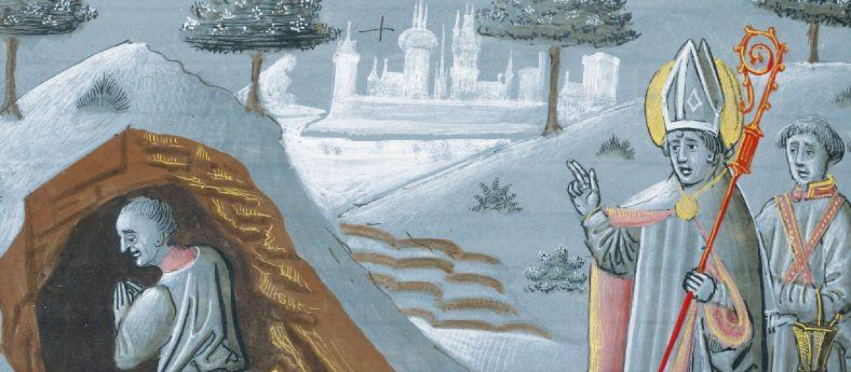 Miniatura medieval muestra a San Patricio frente a la entrada del legendario Purgatorio de San Patricio en Irlanda