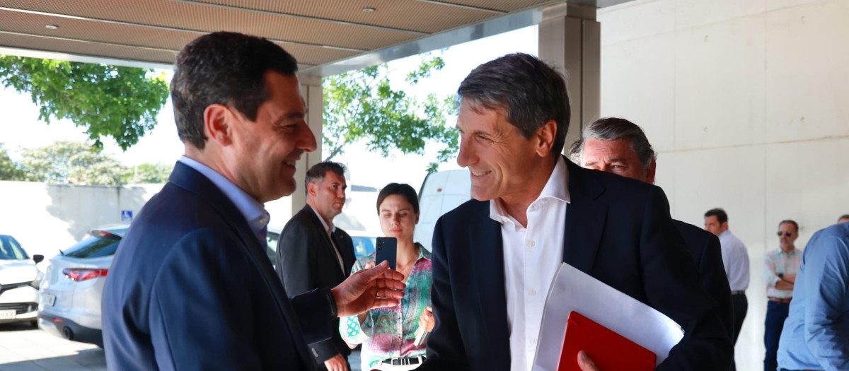 El presidente de la Junta, Juanma Moreno, saluda al delegado del Gobierno en Andalucía, Pedro Fernández (archivo)