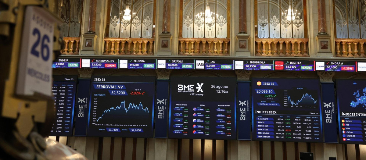 Pantalla con datos del Ibex, en el Palacio de la Bolsa de Madrid.