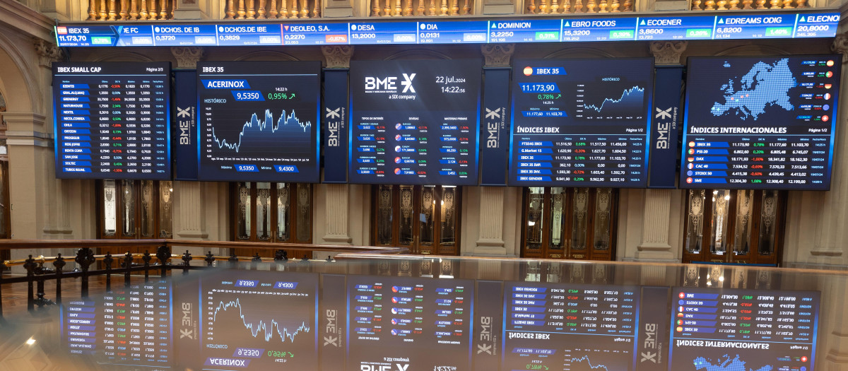 Un panel del Ibex 35, en el Palacio de la Bolsa de Madrid